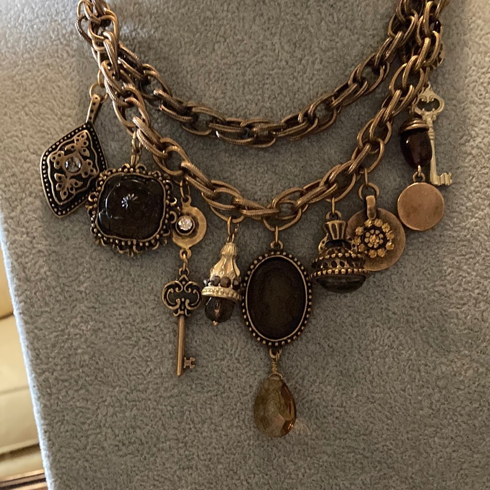 Chico’s Vintage-Inspired Bronze Charm Necklace with Brown Gemstones